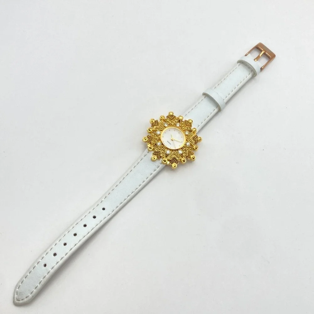 Avon Women's Watch Gold Tone Crystals Bling 35mm White Leather New Battery 7.75